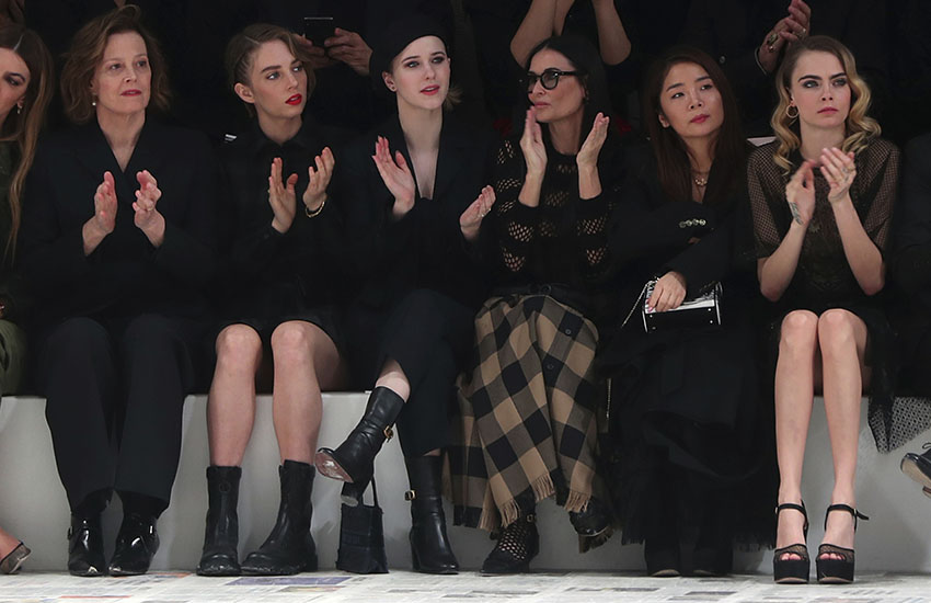 From left, Sigourney Weaver, her daughter Charlotte, Rachel Brosnahan, Demi Moore, and Cara Delevingne