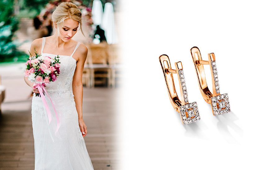 585*Золотой, образ невесты, свадебное платье, декольте, советы стилиста, серьги