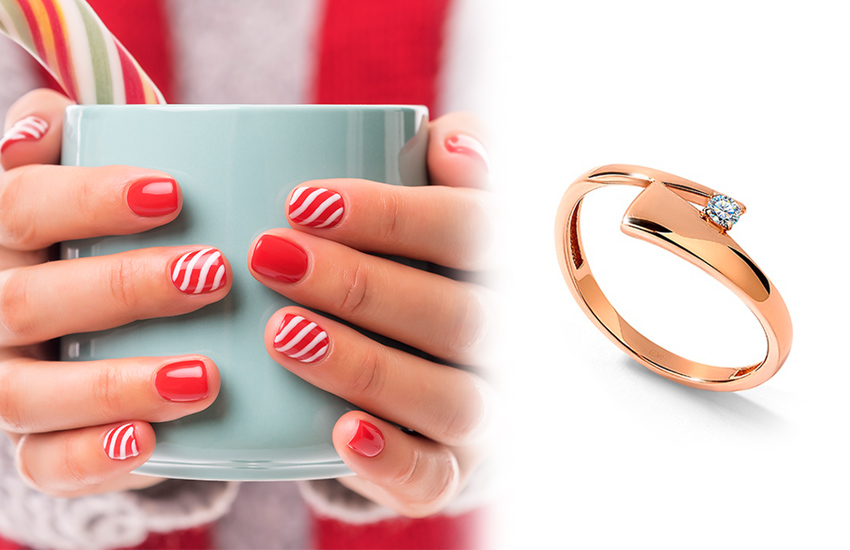 585*Золотой, нейл-дизайн, маникюр, Новый год, тренды, кольцо