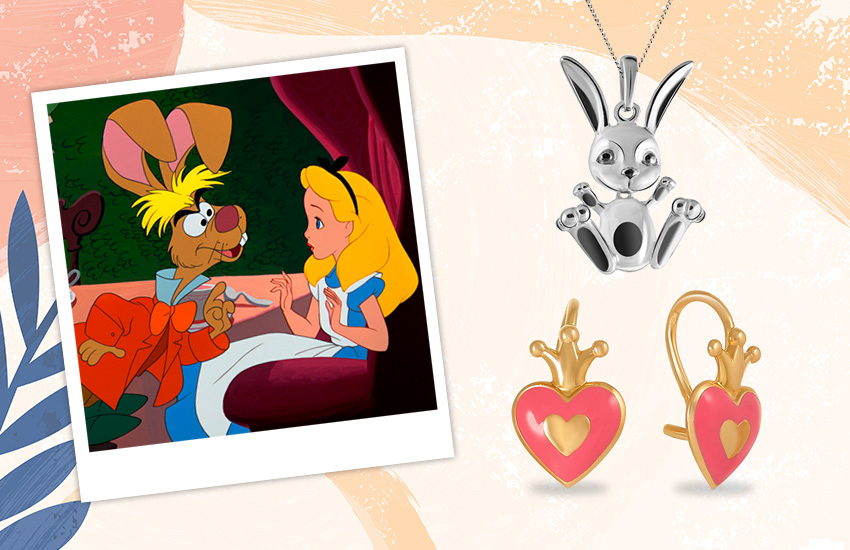 Алиса в стране чудес, мультфильмы, история, детские украшения, 585 золотой, подвеска, серьги