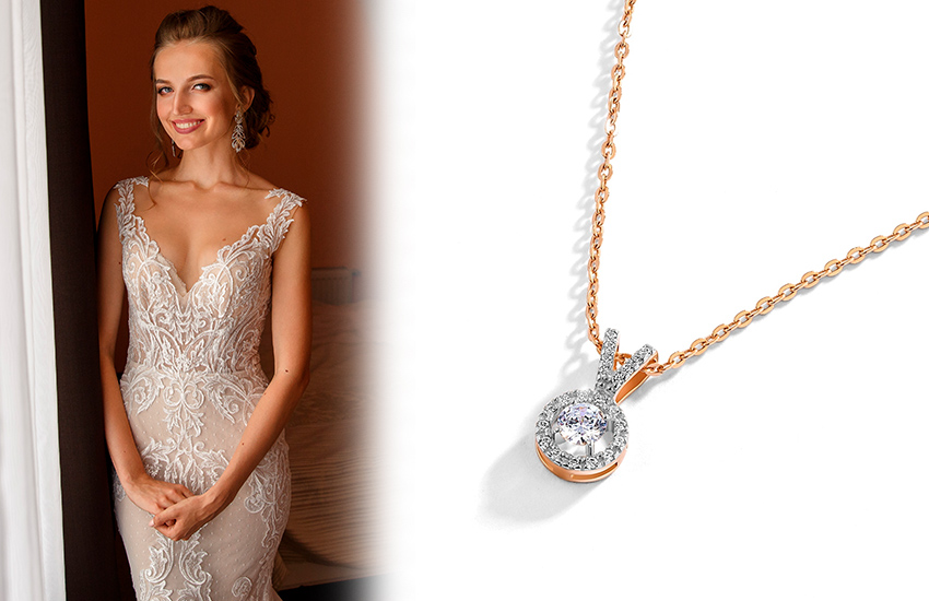 585*Золотой, образ невесты, свадебное платье, декольте, советы стилиста, подвеска