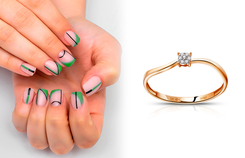 585*Золотой, нейл-дизайн, маникюр, Новый год, тренды, кольцо