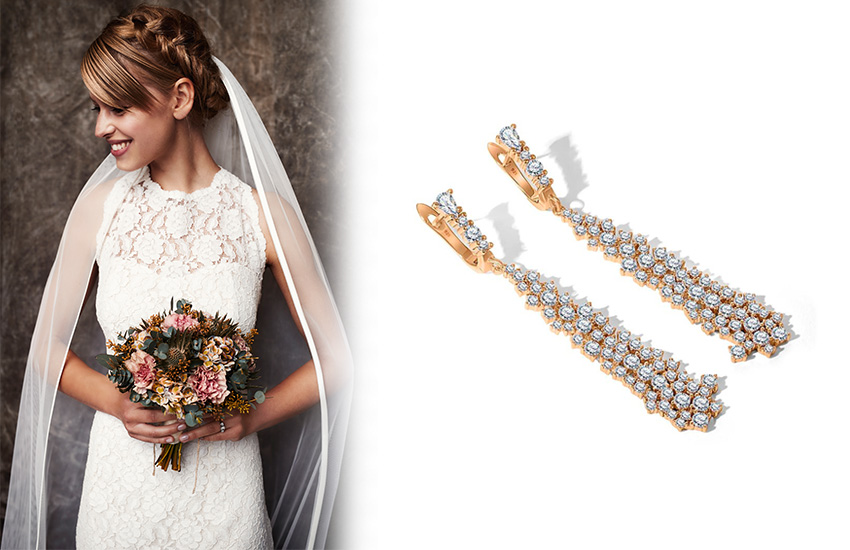 585*Золотой, образ невесты, свадебное платье, декольте, советы стилиста, серьги