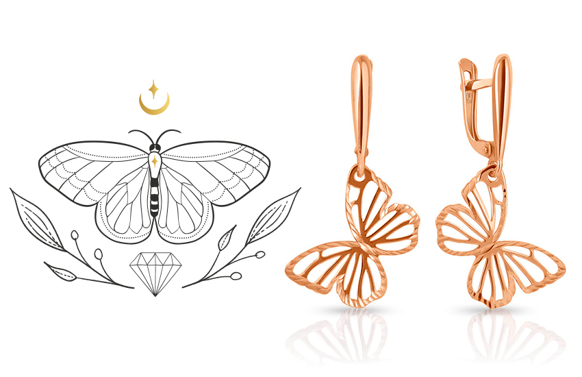 бабочка, серьги, символы, талисманы, ювелирные символы, 585 золотой