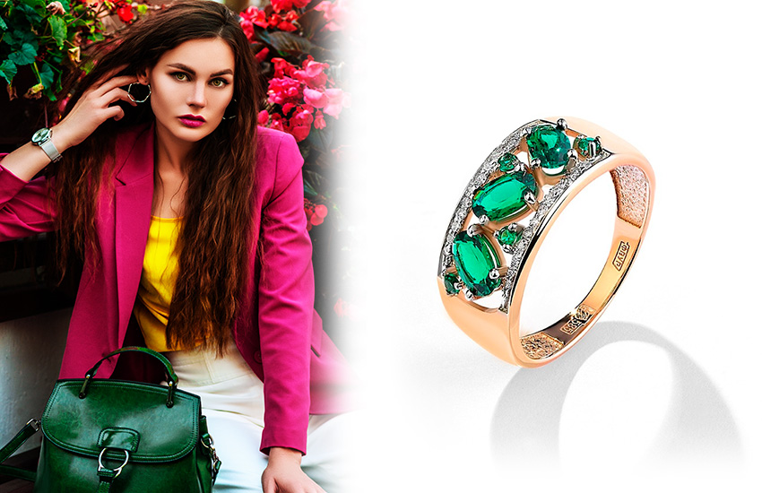 украшения с изумрудом, кольцо, модные сочетания, розовый цвет, советы, 585 золотой