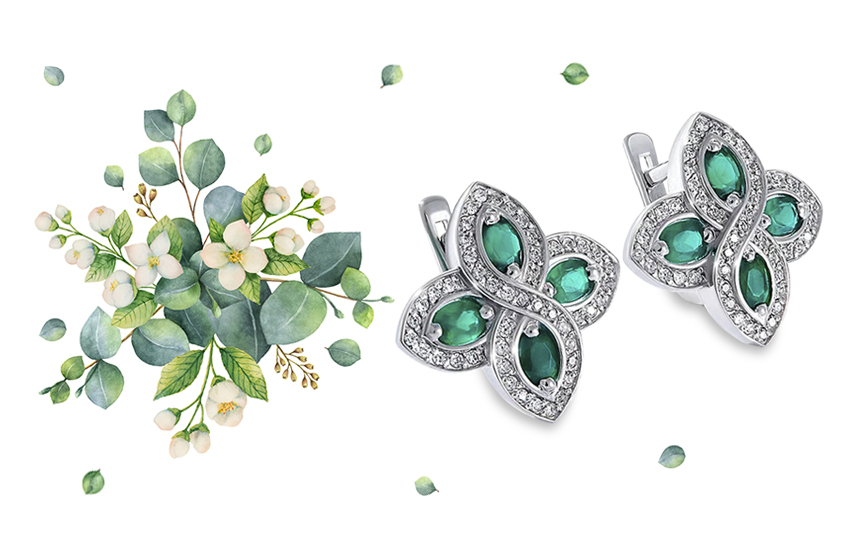 зелень, серьги, ювелирные цветы, ювелирные тренды, весна-лето 2021, 585*Золотой