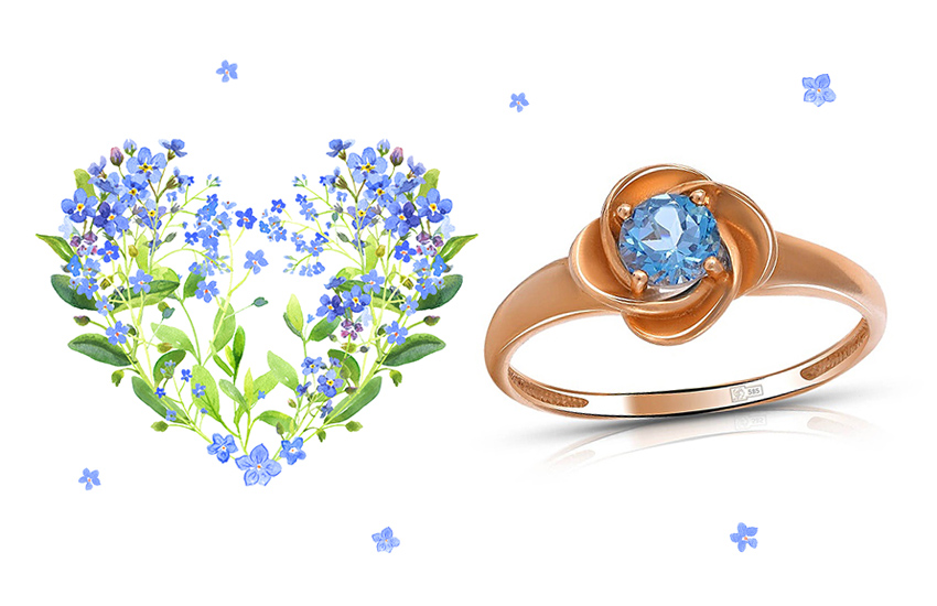 незабудки, кольцо, ювелирные цветы, ювелирные тренды, весна-лето 2021, 585*Золотой