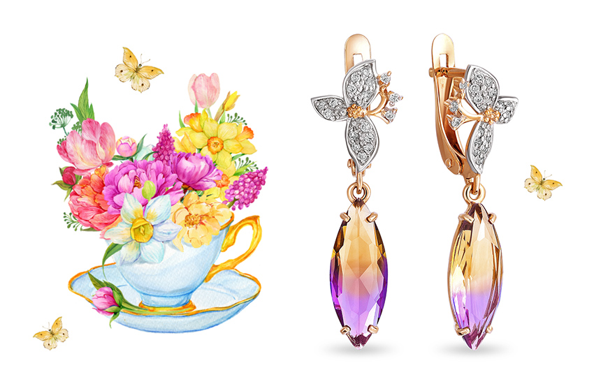 градиент, серьги, ювелирные цветы, ювелирные тренды, весна-лето 2021, 585*Золотой