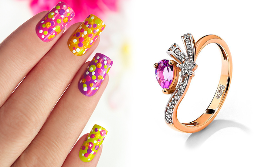 Яркий френч, маникюр, нейл-дизайн, цвета, весна, кольцо