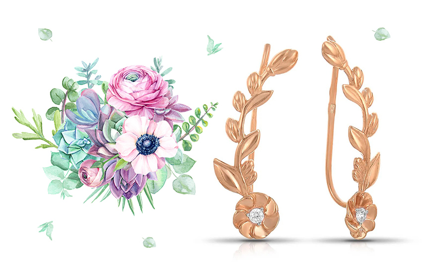 серьги, ювелирные цветы, ювелирные тренды, весна-лето 2021, 585*Золотой
