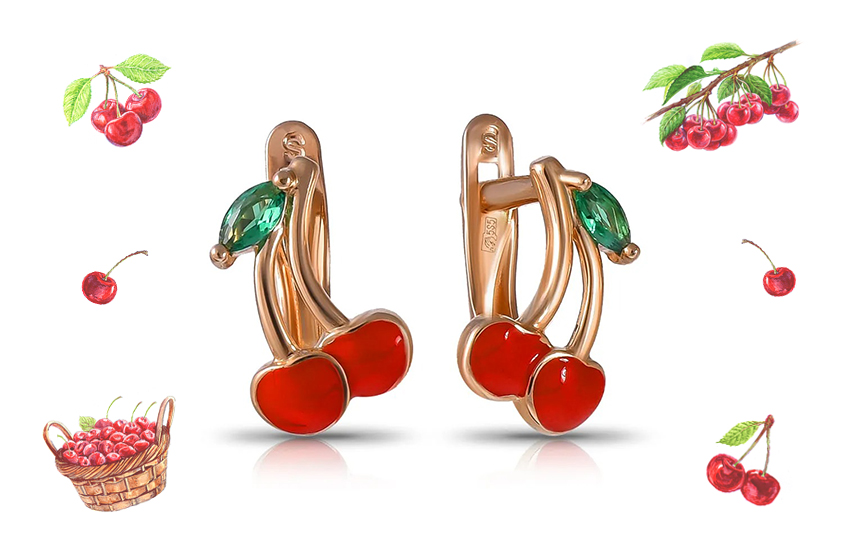 серьги, цветы и ягоды, украшения с эмалью, ювелирный тренд, лето 2021, 585 золотой