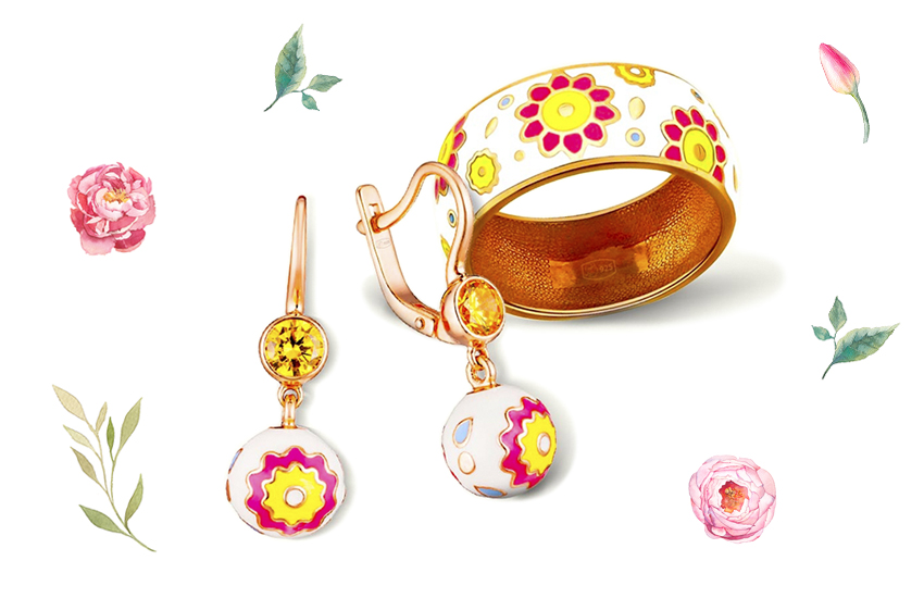 серьги, кольцо, цветы и ягоды, украшения с эмалью, ювелирный тренд, лето 2021, 585 золотой