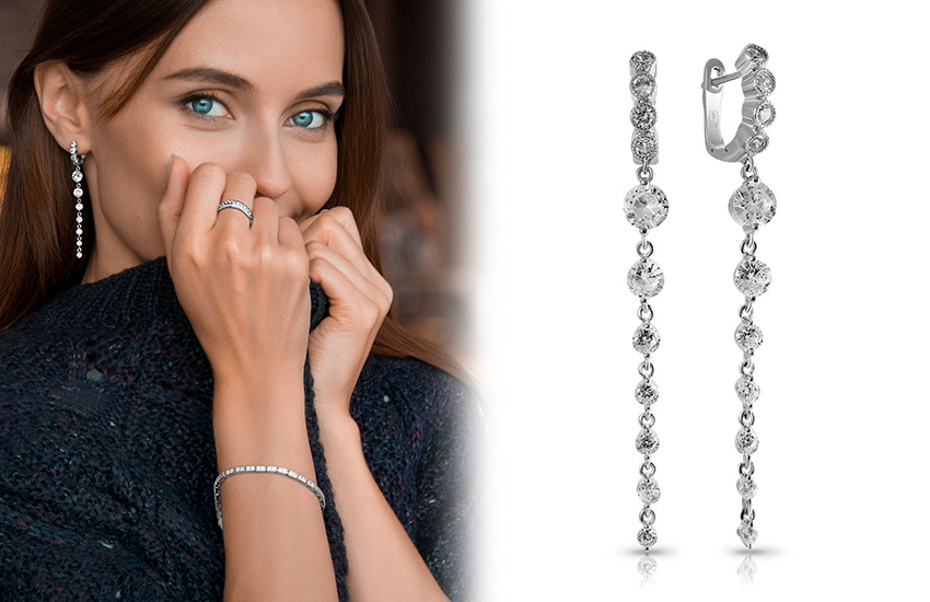 серьги, 585 золотой, прозрачные кристаллы, бесцветные камни, интересное