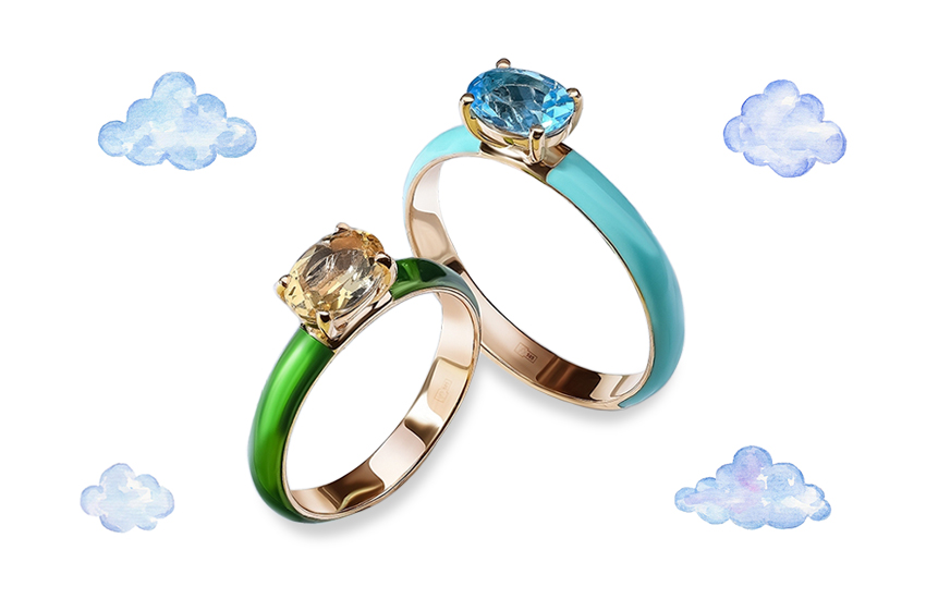 кольцо, цвета радуги, украшения с эмалью, ювелирный тренд, лето 2021, 585 золотой