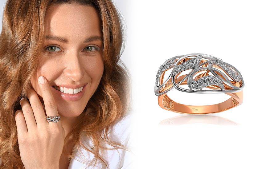 кольцо, 585 золотой, прозрачные кристаллы, бесцветные камни, интересное