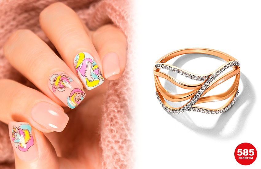 цветочный маникюр, нейл-арт, идеи, 585 золотой, кольцо, маникюр, дизайн ногтей