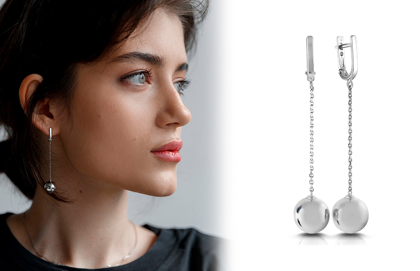 серьги, подвижные, с шариком, сферические украшения, круглые украшения, ювелирный тренд, 585 золотой