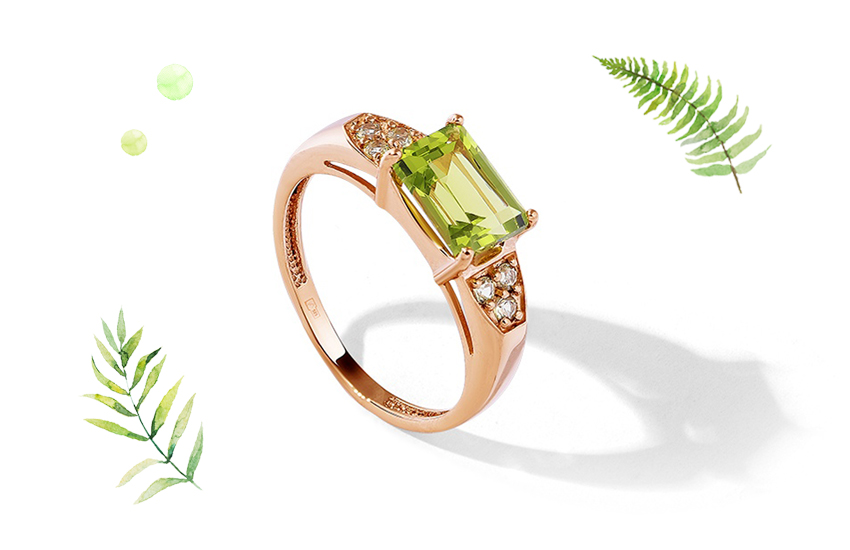 кольцо, хризолит, зеленый цвет, ювелирные тренды, лето, 585 золотой