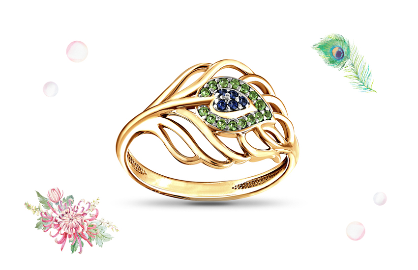 павлин, кольцо, в тропическом стиле, настроение, лето, 585 золотой