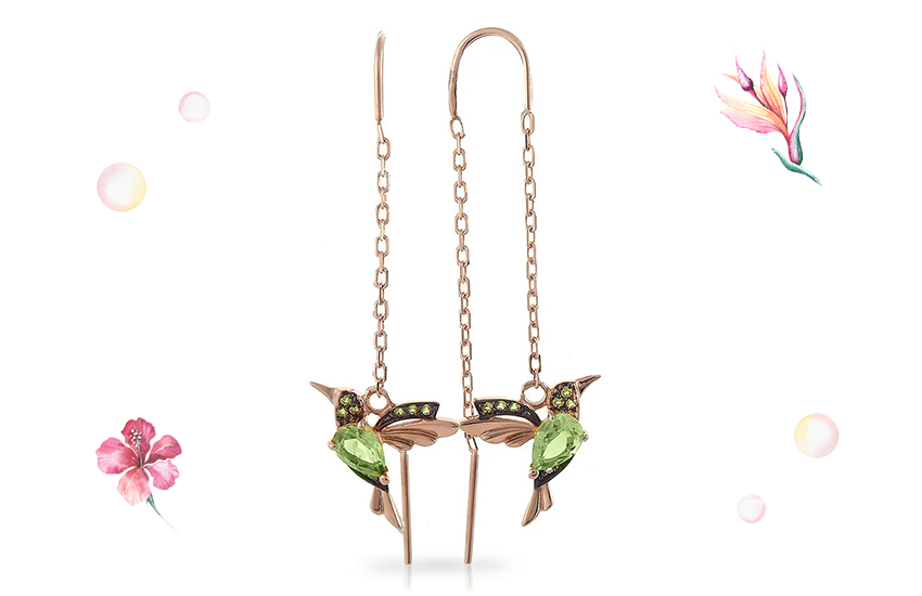 колибри, серьги, в тропическом стиле, настроение, лето, 585 золотой