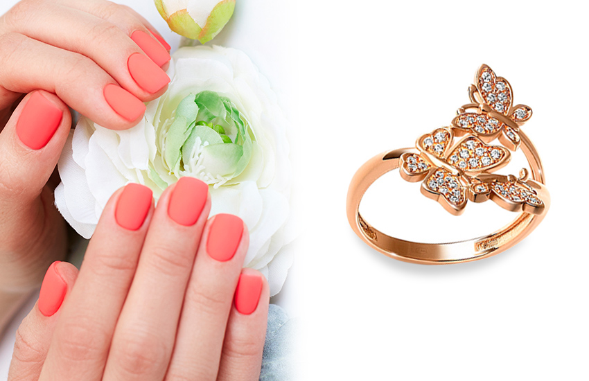 коралловый, цвет, лето, тренды маникюра, кольцо, 585 золотой