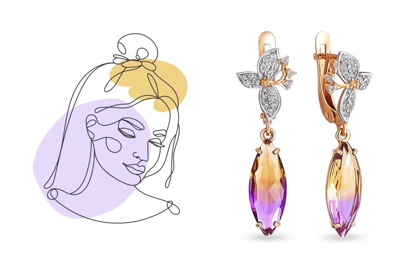 аметрин, камни талисманы, знак зодиака, Рак, для нее, серьги