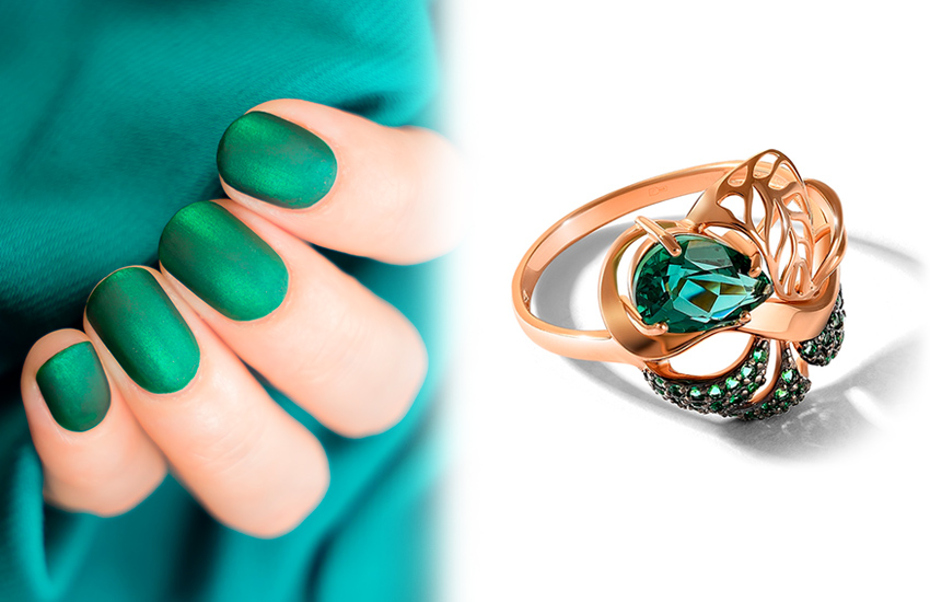 тропическая зелень, цвет, лето, тренды маникюра, кольцо, 585 золотой