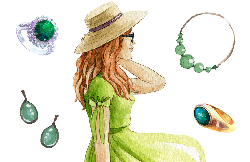 зеленый цвет, ювелирные тренды, лето, 585 золотой