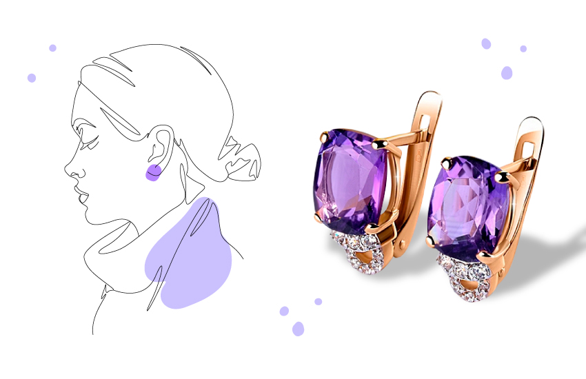 серьги, английский замок, аметист, советы, стиль, образ, 585 золотой