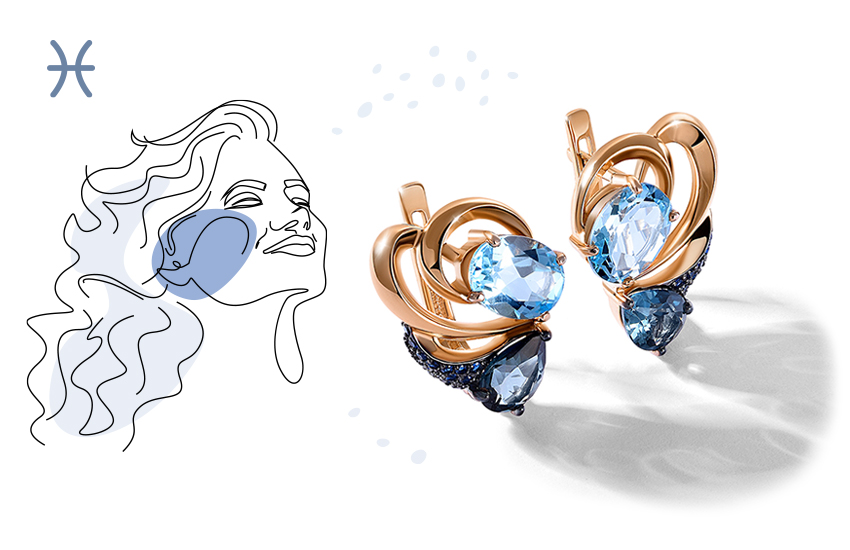 рыбы, серьги, топаз, украшения по гороскопу, знаки зодиака, аксессуары, 585 золотой