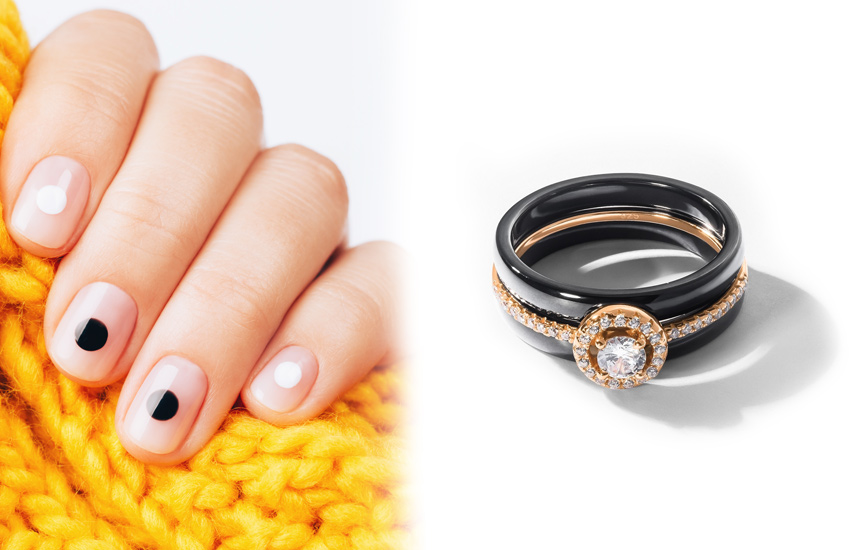 черно-белые круги, маникюр, тренды маникюра, япония, минимализм, кольцо