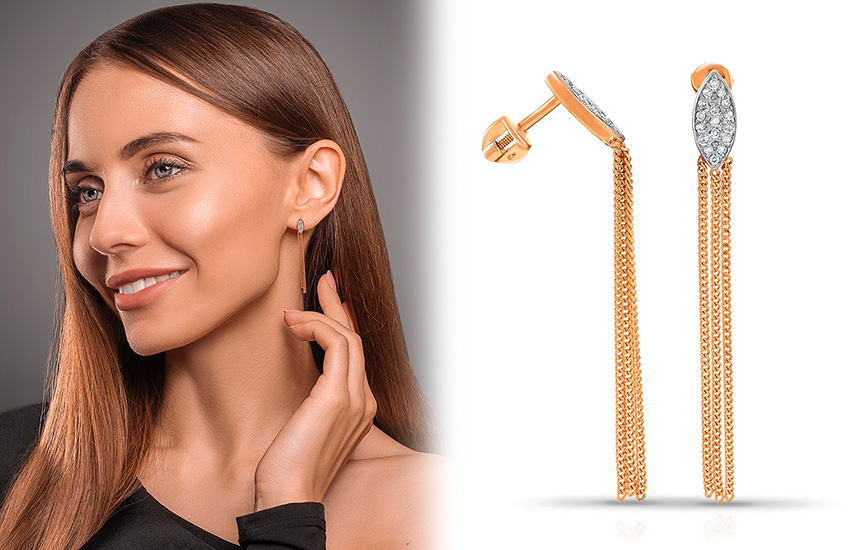 бахрома из цепочек, серьги, бриллиант, необычные украшения, подборка, 585 золотой