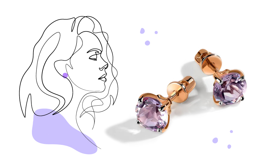 серьги-пусеты, аметист, советы, стиль, образ, 585 золотой