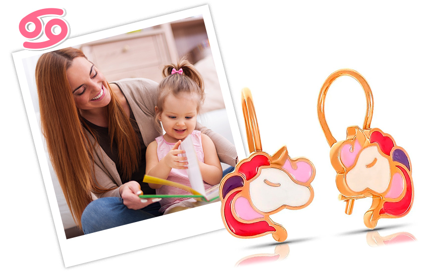 рак, серьги, единороги, детские украшения, украшения по гороскопу, для нее, 585 kids