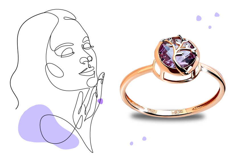 кольцо-солитер, аметист, советы, стиль, образ, 585 золотой