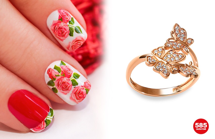 цветочный принт, идеи, короткие ногти, маникюр, советы, кольцо, 585 золотой