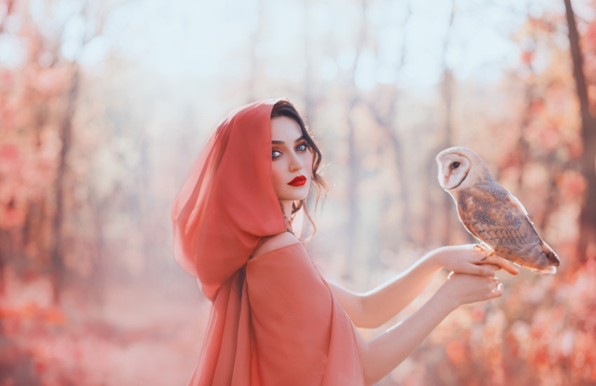 красивая девушка, сова, осень