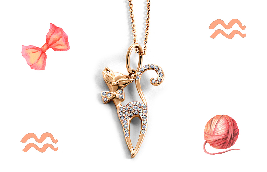  водолей, кот, астрология, гороскоп, оберег, подвеска, 585 золотой