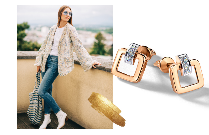 джинсы, твидовый жакет, деним, советы стилиста, идеи, образ, 585 золотой, серьги