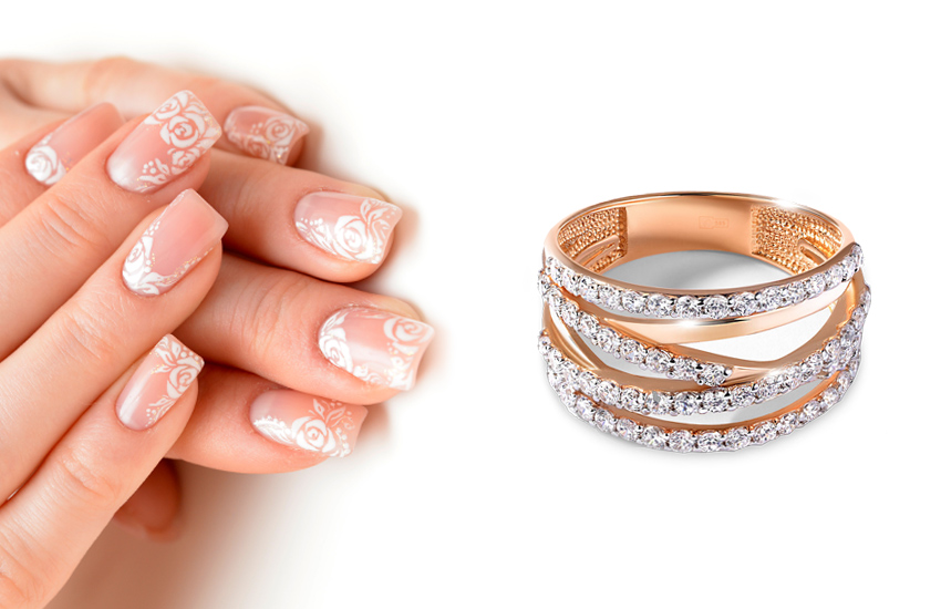 цветочный принт, нюд, оттенки, идеи, маникюр, нейл-арт, нейл-дизайн, 585 золотой, кольцо