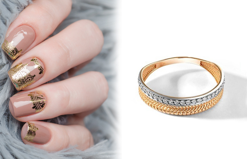 восточные мотивы, нюд, оттенки, идеи, маникюр, нейл-арт, нейл-дизайн, 585 золотой, кольцо