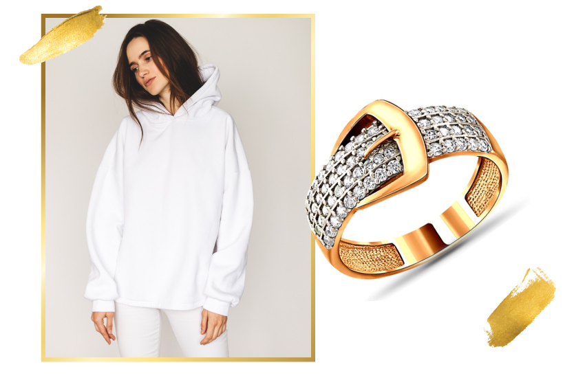 со спортивным костюмом, гламурные украшения, как носить, советы стилиста, тренды, 585 золотой, кольцо