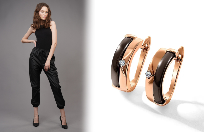 mom fit, кожаные брюки, с чем носить, советы стилиста, образ, 585 золотой, серьги