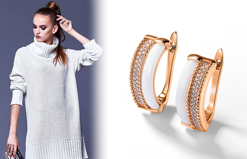 свитер с отложным воротником, трикотаж, базовый гардероб, зима, советы стилиста, 585 золотой, серьги