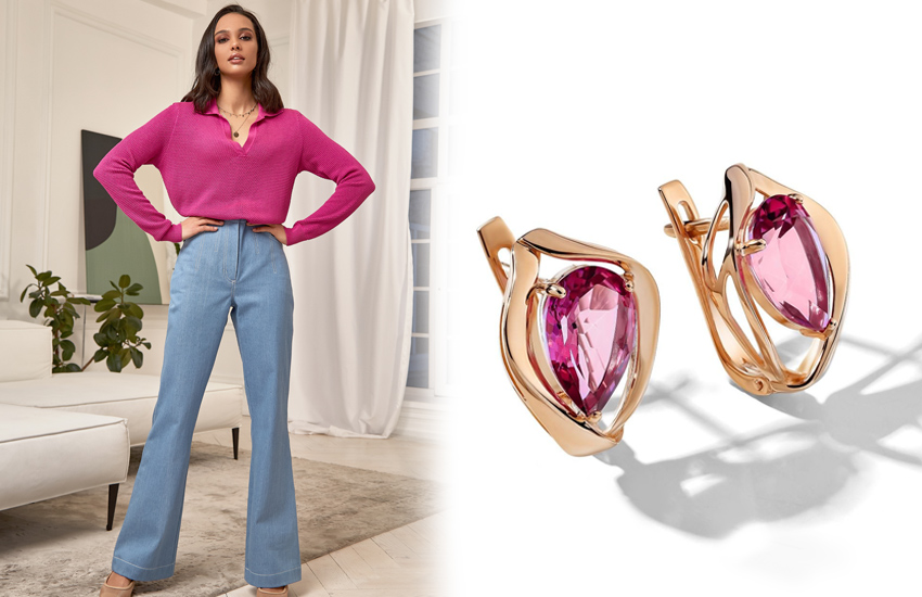 ювелирные тренды 2022, самые модные цвета в украшениях, драгоценные камни, 585 золотой, цвета года 2022, розовый топаз, серьги
