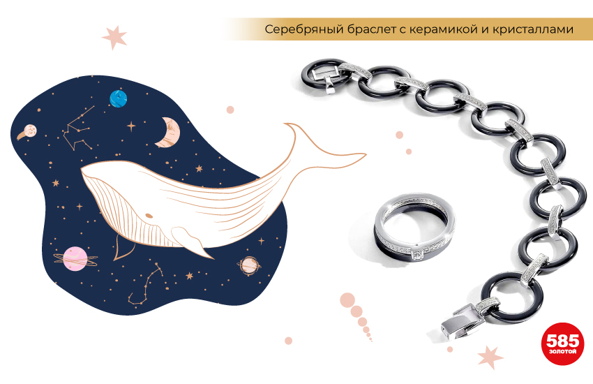 астрология картинка, кит, планеты, кольцо с керамикой, браслет из серебра