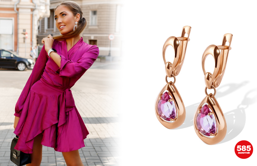 585 золотой, Barbiecore, тренд, розовый цвет, аксессуары, серьги, украшения, розовый топаз