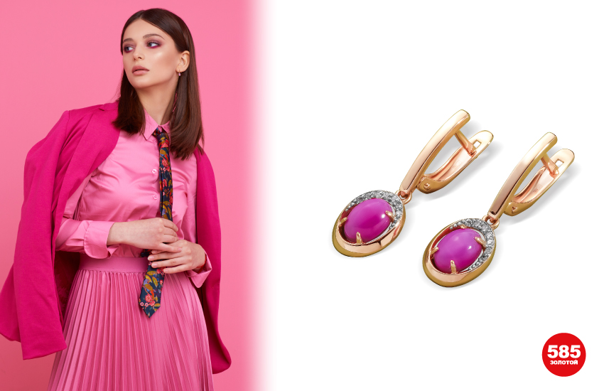barbiecore, розовый цвет, 585 золотой, тренды 2022, мода, украшения, серьги с рубинами