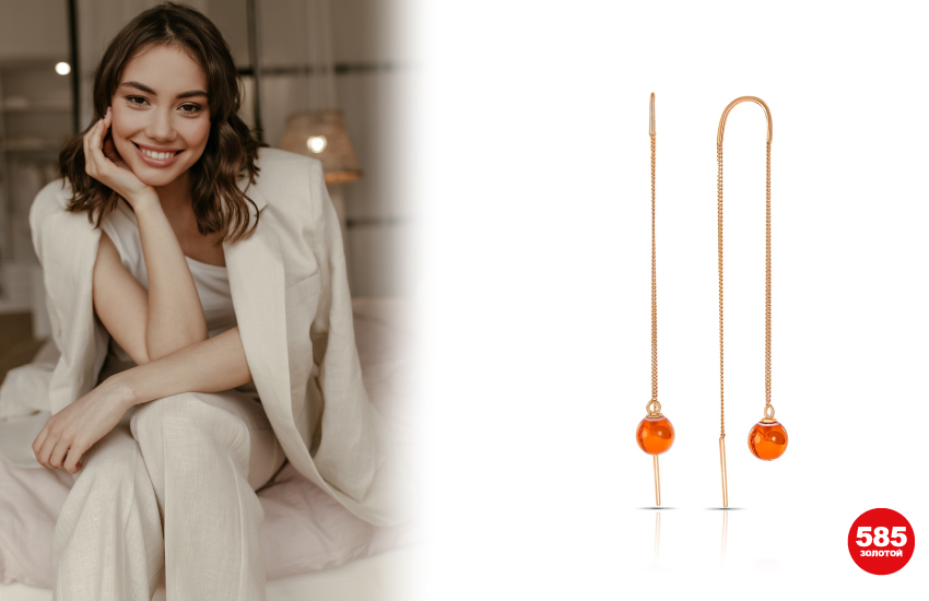 585 золотой, янтарь, серьги, поделочные камни, тренд 2022, аксессуары, продевки, минимализм