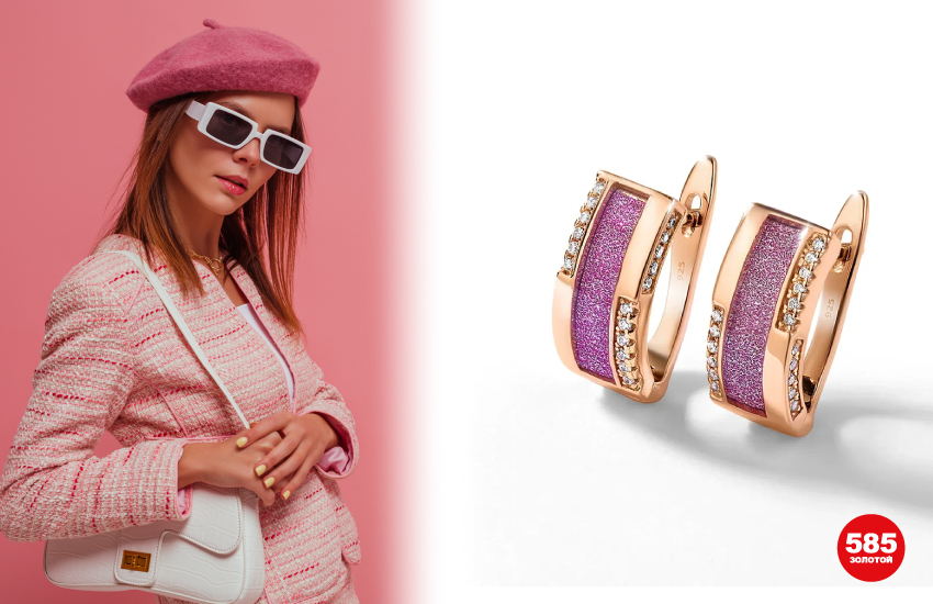 barbiecore, розовый цвет, 585 золотой, тренды 2022, мода, украшения, серьги с эмалью